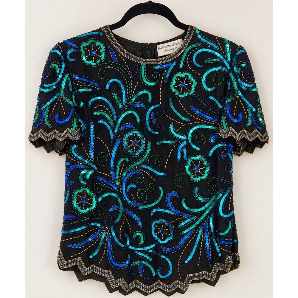 Vintage Papell Boutique Evening M Silk Beaded Sequin Top Black Blue Teal 90s